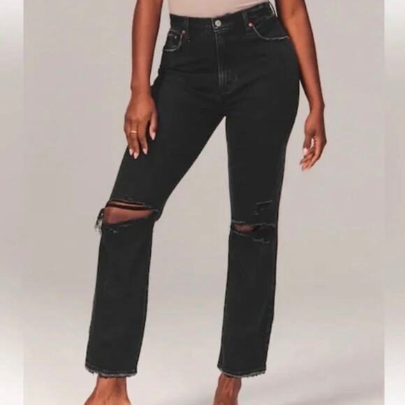 Abercrombie The Ankle Straight Ultra High Rise Jeans Size 32 Long Distressed - Picture 1 of 14